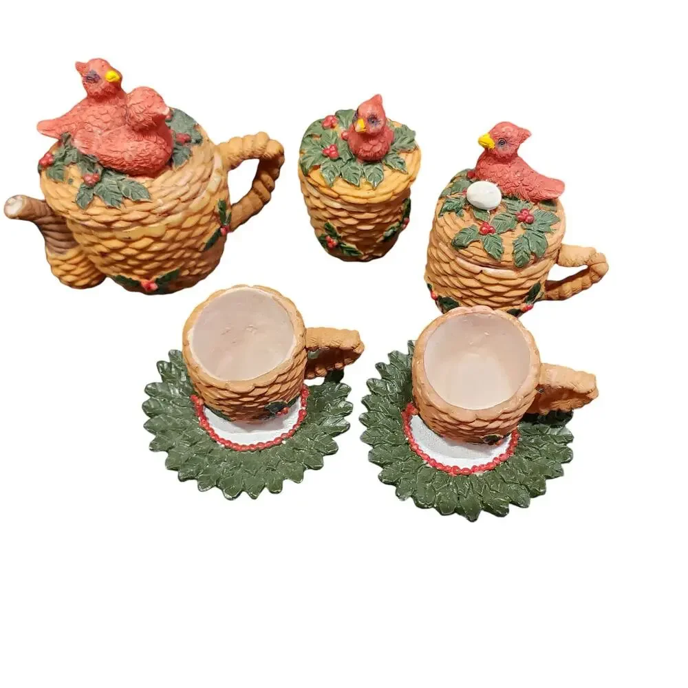 Vintage Bird Tea Set Spring Birds Nest Red Detailed 10 Pieces Miniature Tea Set